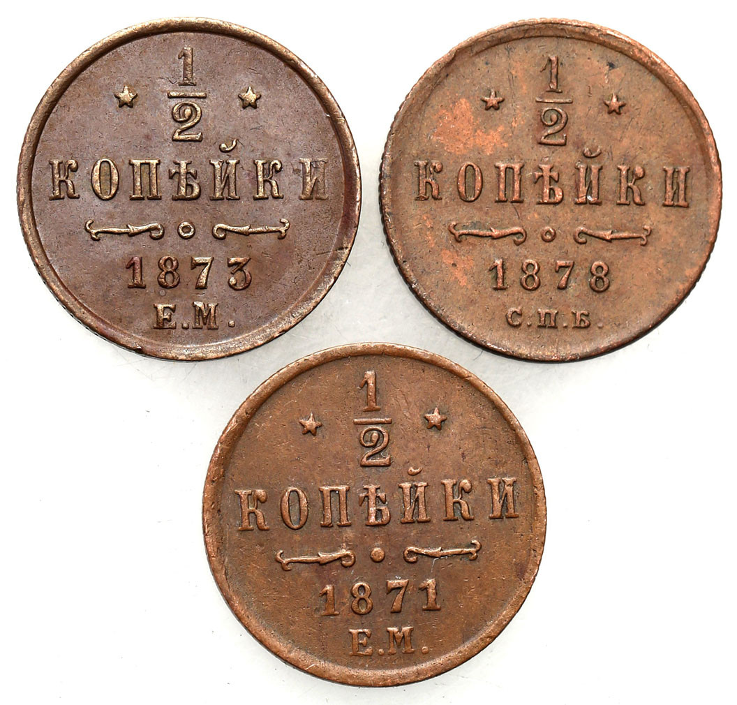 Rosja. Aleksander II. 1/2 kopiejki 1871, 1873, 1878 - zestaw 3 monet